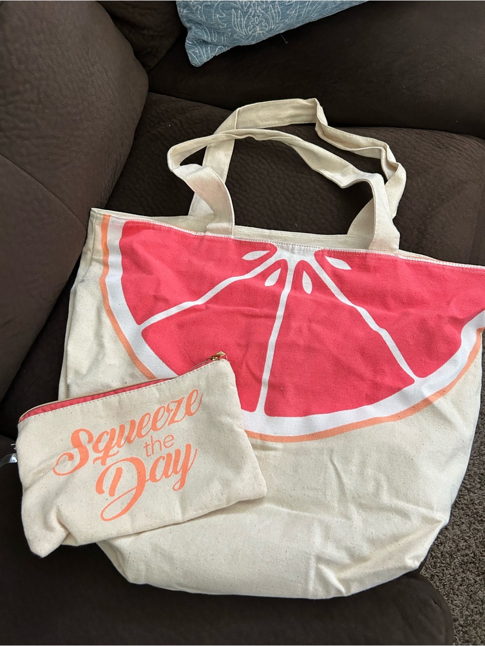 Canvas Tote Bag with Pink/Coral Citrus Print and Matching Pouch